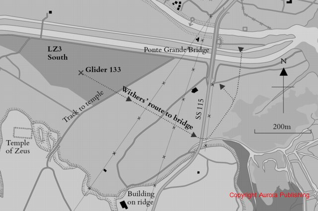 Gliders in Sicily - map of landing spot of Galpin's Horsa near Ponte Grande bridge and Withers' route